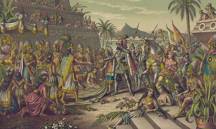 Two leaders meet amid a crowd in the New World