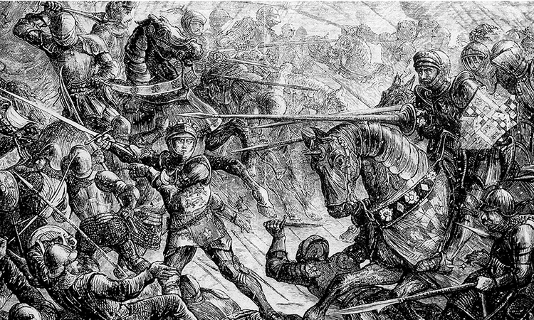 A pencil sketch of mounted knights and men on foot fighting
