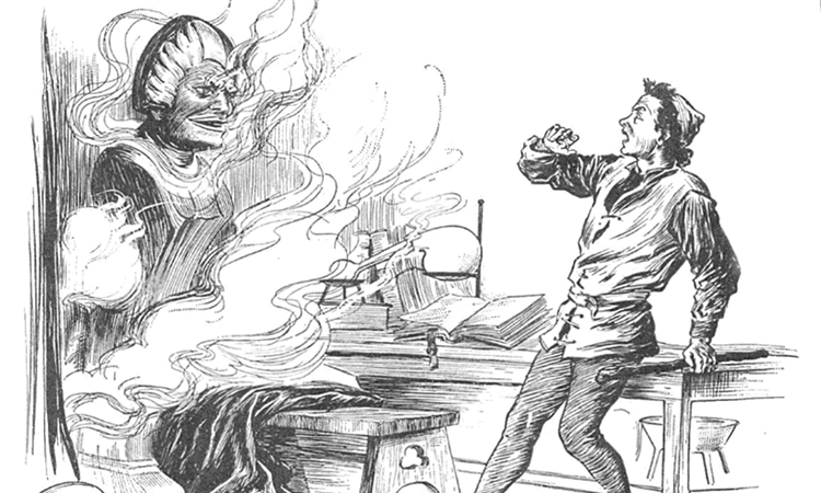 A drawing of Roger Bacon's assistant Miles looking frightened before the Brazen Head